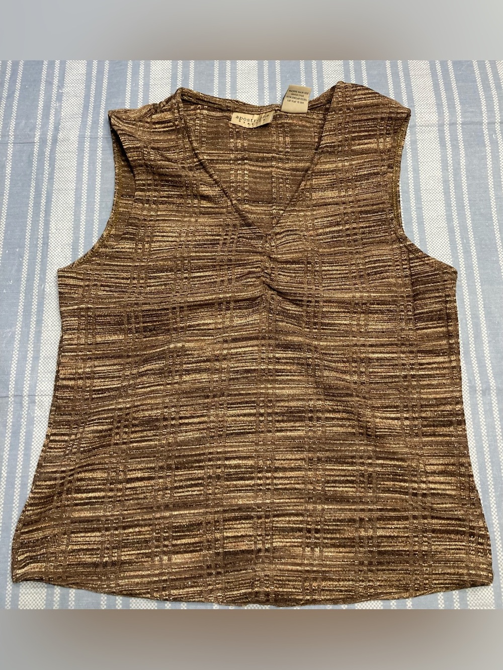 Apostrophe Stretch brown and tan top with metallic stitching.